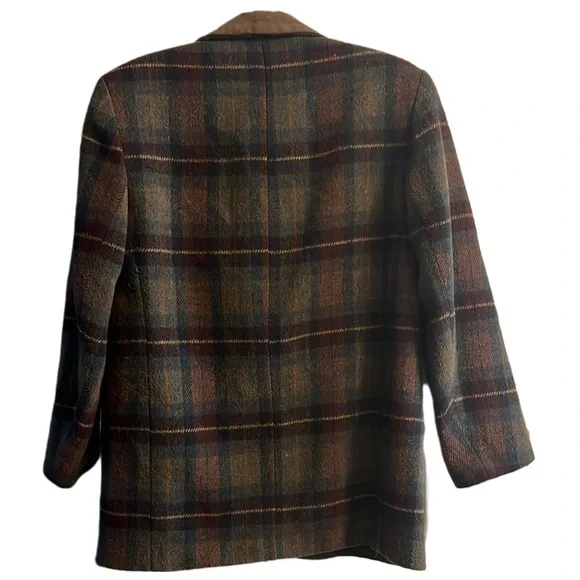 Women's vintage express wool blend plaid blazer brown faux suede collar size M - Picture 4 of 4